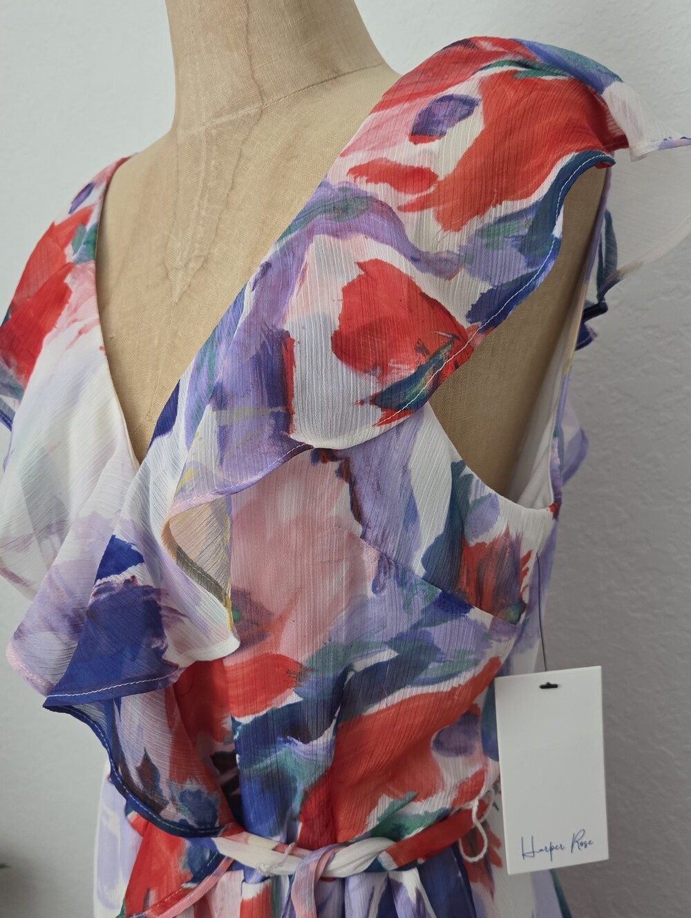 Watercolor Ruffle High-Low Wrap Dress - Multicolor - Picture 3 of 6